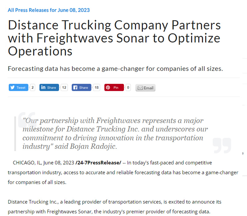 Distance Trucking Company Partners with Freightwaves Sonar to Optimize Operations