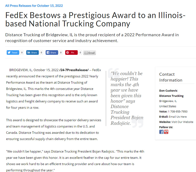 FedEx Bestows a Prestigious Award to an Illinois-based National Trucking Company